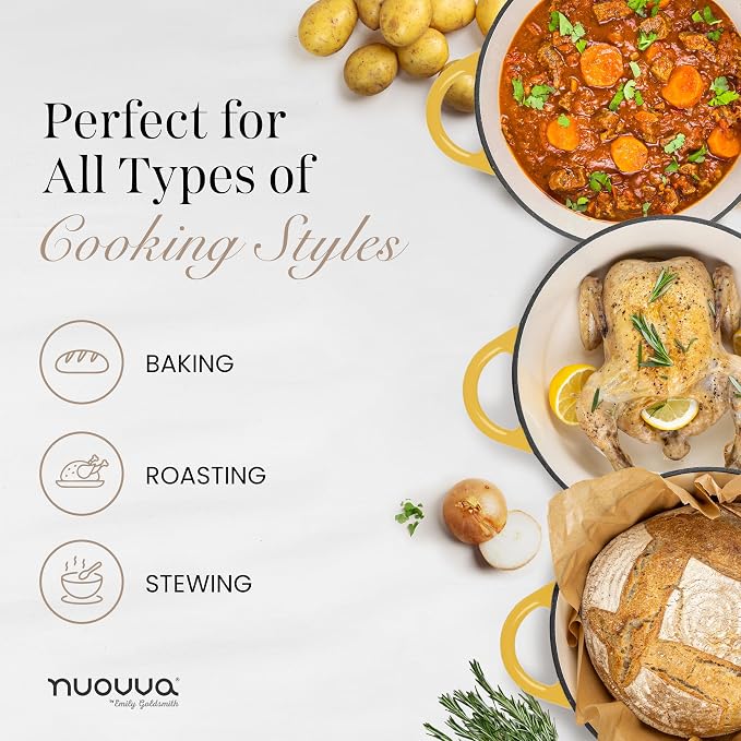 Nuovva Enamelled Cast Iron Dutch Oven Pot with Lid 6.4 Quart Non Stick Casserole Pot-Heavy Duty & Oven Safe up to 500° F for Bread Baking, Braising, Stews, Roasting - 28cm Yellow