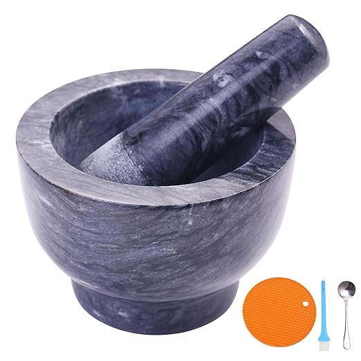 Mortar and Pestle Set Polished Natural Marble Guacamole Molcajete Bowl, Spices Grinder with Silicone Pad, Stainless Steel Spoon and Brush, 300ml Capacity Crusher(Medium, Dark Gray)