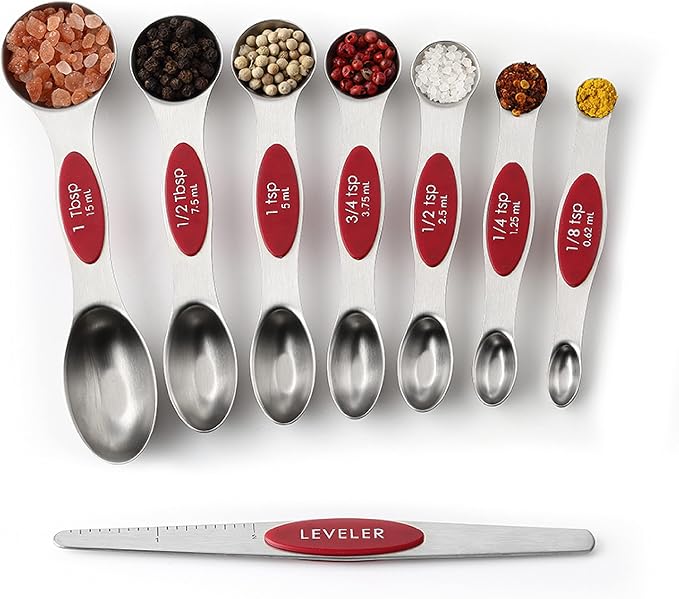 Spring Chef Stainless Steel 8 Magnetic Measuring Spoons Set, 2 Pack, Red | Nesting Teaspoon & Tablespoon Measuring Spoons w/ Leveler for Dry & Liquid Ingredients, Measure Spoons For Baking & Cooking