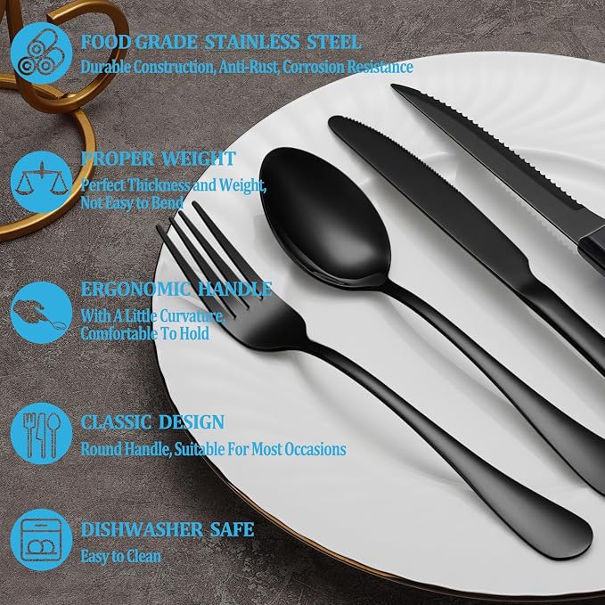 24 Pcs Black Silverware Set with Steak Knives, Stainless Steel Flatware Cutlery Set for 4, Kitchen Tableware Sets, Utensil Sets for Home and Restaurant, Dishwasher Safe