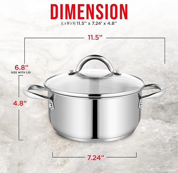 Stainless Steel Stockpot with Tempered Glass Lid 3 Quart,Durable 18/0 Stainless Steel,Impact-Bonded Base for Even Heating,Riveted Handles,Oven&All Stove Compatible,Safe Up To 500°F (260°C) (Pack of 2)