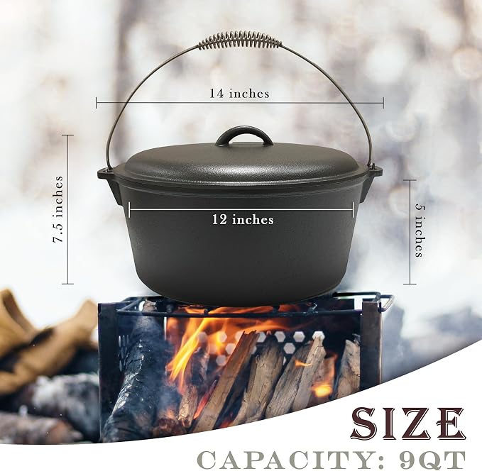 Cuisiland 9 Quart Cast Iron Dutch Oven with Dome Lid, Bail Handle | Pre-Seasoned Large Capacity
