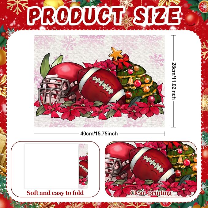50Pcs Winter Disposable Paper Placemats,Holiday Table Decor | Football Helmet Snowflake Poinsettia Design for Xmas Party