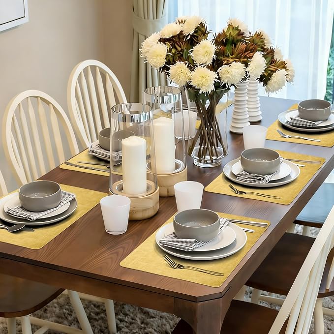 Maxpearl Faux Leather Placemats Set of 6, Easy to Clean, Light Yellow | Waterproof - Heat Resistant - Non Slip - Wipe Clean Dining Table Place Mats, Suitable for Indoor & Outdoor Use, 17''×12''