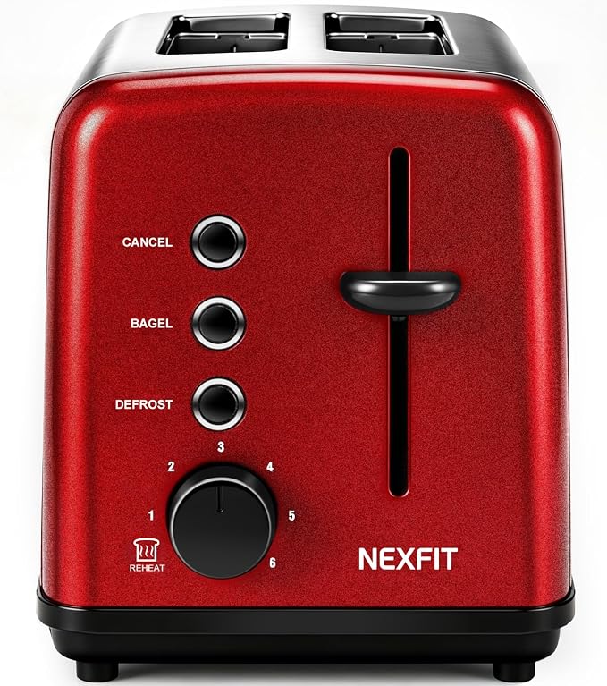 Toaster 2 Slice, Stainless Steel, 6 Shade Settings, 1.5" Extra Wide Slots | NEXFIT Retro Toaster with Bagel, Defrost, Reheat & Cancel Functions, 900W, Removable Crumb Tray, High Lift, Cord Wrap, Red
