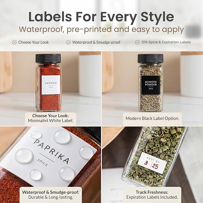 SAVVY & SORTED Glass Spice Jars with Label 24 PK - 4 Oz Spice Containers with 374 Minimalist Preprinted Labels Stickers, Pepper Grinder Funnel Shaker Lids, Empty Seasoning Containers Bottles