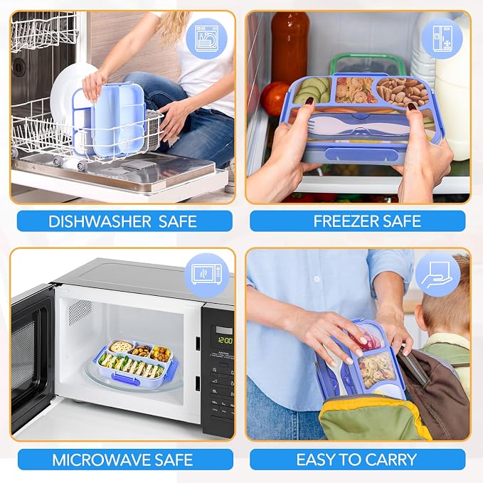 EASYFUN Bento Box Adult, Lunch Box, 4-Compartment Lunch Containers, Drop-Proof, Dishwasher Safe & Made with BPA-Free Materials (Blue)