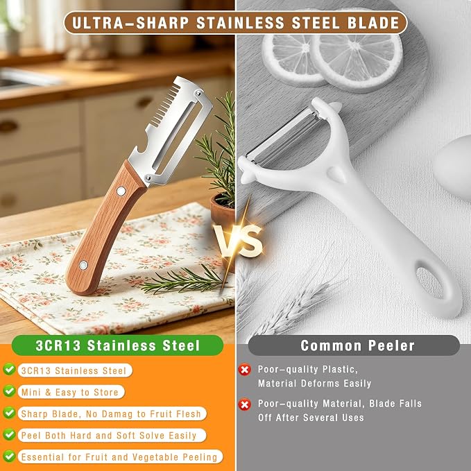 2Pcs Multifunctional Vegetable Peeler,Wooden Kitchen Tool with Bottle Opener,3 in 1 Kitchen Gadgets Stainless Steel Peelers for Fruit Veggie