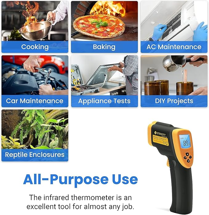 Etekcity Infrared Thermometer Laser Temperature Gun, -58℉~1382℉, D:S 16:1 | Long-Range Measurement, Pizza Oven, Griddle, BBQ, Engine, Pool, Non-Contact, High-Temperature Applications