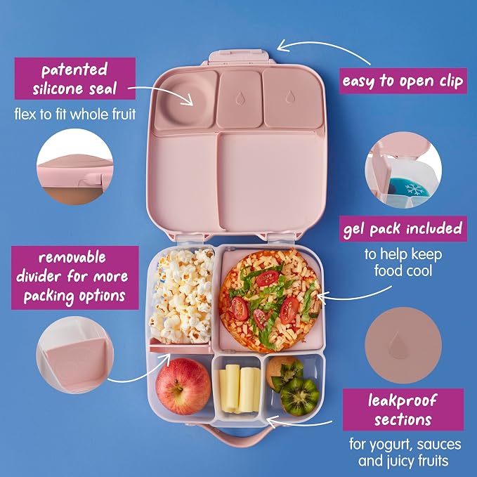 b.box Lunch Box, 8.5 Cup Bento Box for All Ages, Snack Box, Food Containers | Lunch Box Kids + Adults, Lunch Containers, 4 Compartments, Leak Proof, Dishwasher Safe, BPA Free, PFAS Free — Blush Crush