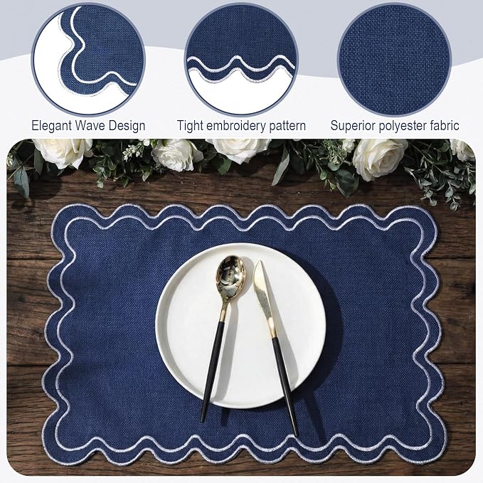 Linen Placemats Set of 12 Scalloped Placemat 13 X19 Wavy Embroidery Double Layered Washable Farmhouse Dinner Fabric Table Mat Napkin for Wedding Party Restaurant(Regular,Navy Blue)