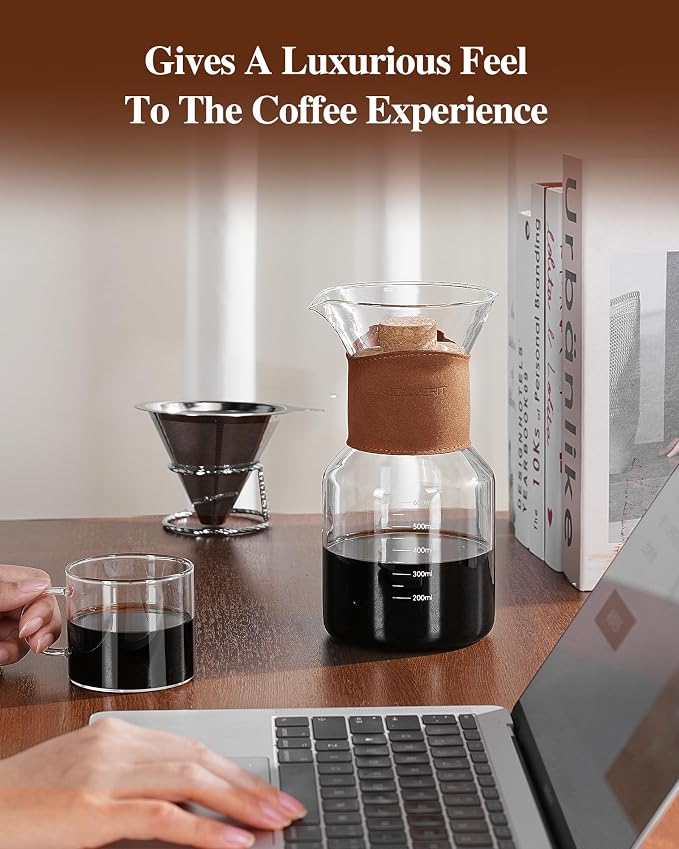 Pour Over Coffee Maker with Double-Layer Stainless Steel Filter, 20 oz Pour Over Coffee Dripper, Glass Carafe with Vintage Leather Collar and Cork Lid & Filter Stand for Espresso