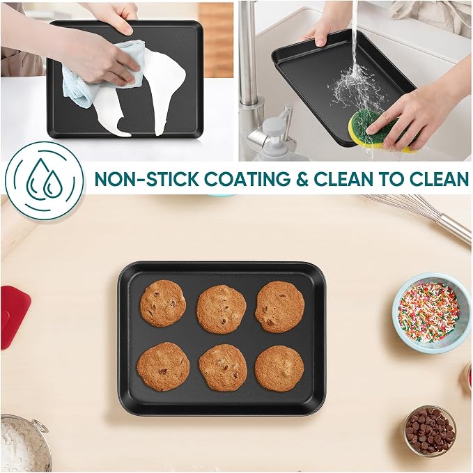 E-far Baking Sheet Set of 2, 10.5" x 8" x 1" Cookie Sheet Pan for Baking | Nonstick Carbon Steel, Half Sheet Baking Pans Trays for Toaster Oven, Roasting/Cooking, Non-toxic & Healthy, Easy Clean