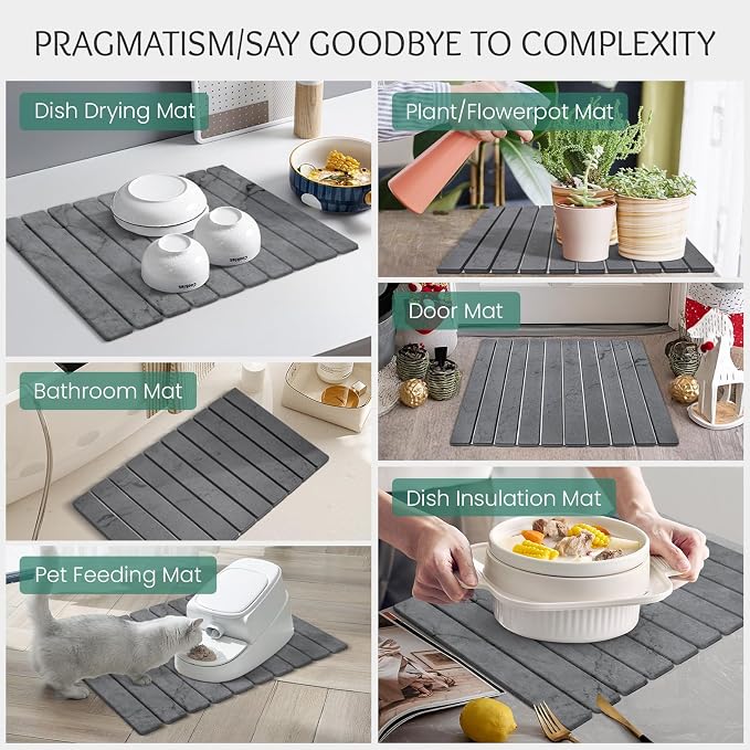 Stone Dish Drying Mat Collapsible Diatomaceous Earth Absorbent Mat Quick Dish Drying Pad Dish Rack Pad Match Any Counterto Multiple Usage for Kitchen,Bathroom (Dark-Gray Marble Pattern, 24"L x 16"W)