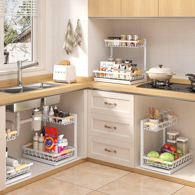 2-Pack 2-Tier Height Adjustable Under Sink Organizer & Storage | Multi-purpose storage for kitchen & bathroom cabinet. Extra Large white shelf, height adjustable design for space-saving.