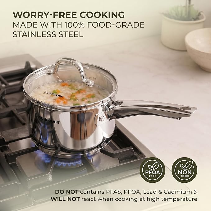 SUNHOUSE 2 QT Stainless Steel Sauce Pan with Lid, Small Pot for Cooking | PFOA-Free Uncoated Milk Pan & Butter Warmer, Mini Saucepan with Impact Bonding Base for Induction, Gas, Electric