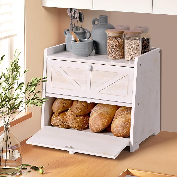 Bamboo Corner Bread Box for Kitchen Countertop 2-Tier White | Farmhouse Bread Storage Container, Large Pantry Organizers for Homemade Snacks, Loaves, Breathable Keeps Bread Fresh