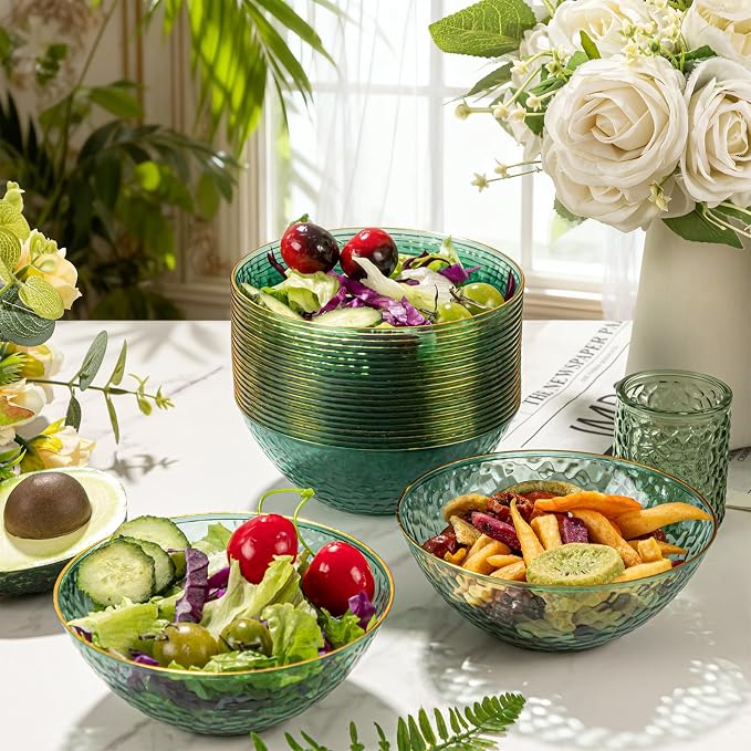50 Pack 12 Ounce Clear Green Plastic Bowls Serving Bowls Hammered with Gold Rimmed, Heavy Duty Disposable Bowl Set,Small Bowls for Party Picnic