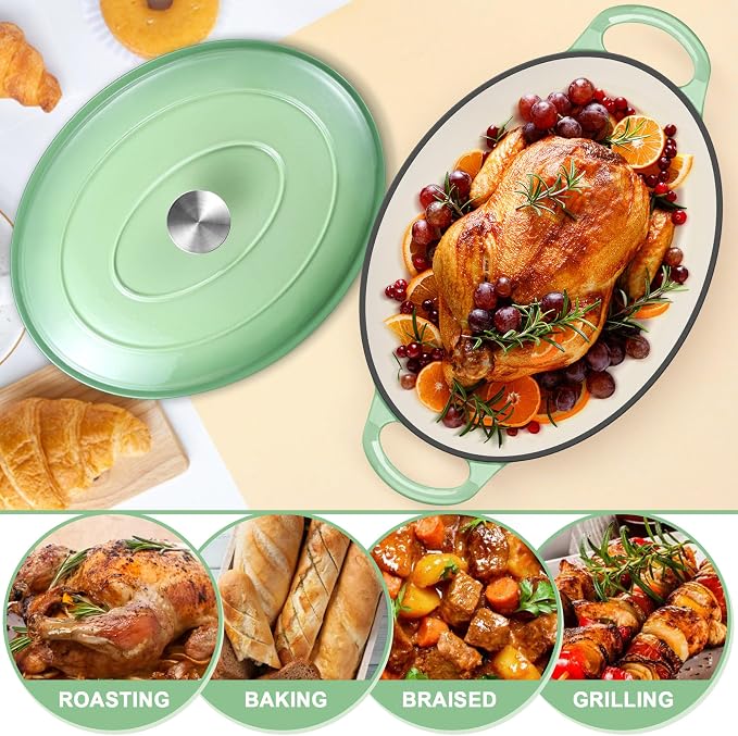 E-far 7QT Oval Dutch Oven Pot with Lid, Green Enameled Cast Iron Dutch Oven | with Dual Handles for Homemade Sourdough Bread Baking Cooking, Nonstick Enamel Coated Cookware, Non-Toxic & Easy Clean