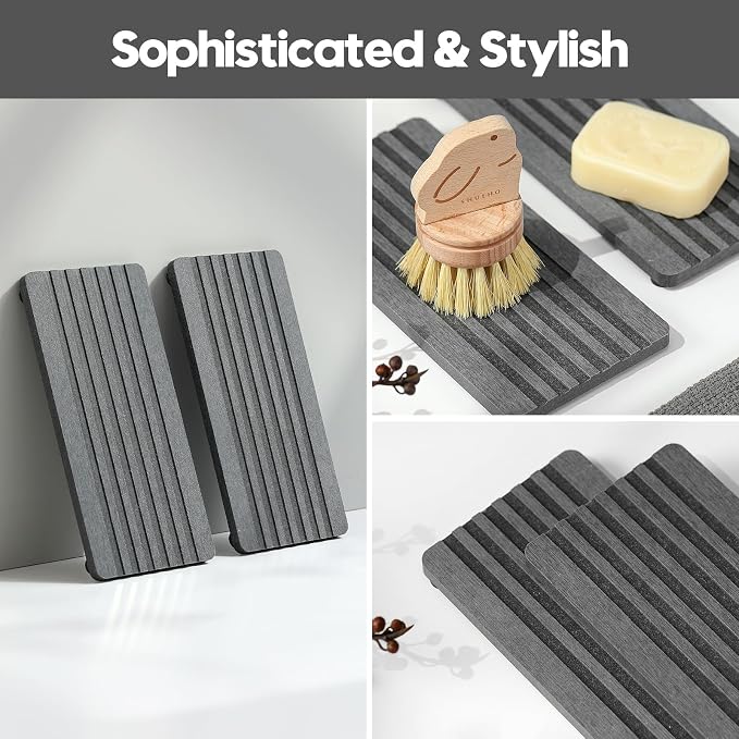 2PCS Diatomite Quick Stone Drying Tray Mat For Bathroom & Kitchen Counter, Instant Dry Water Absorbent Drink Bar Coaster,Vanity Sink Caddy Organizer,Dish Soap Sponge Holders, Charcoal,8"x3.8"