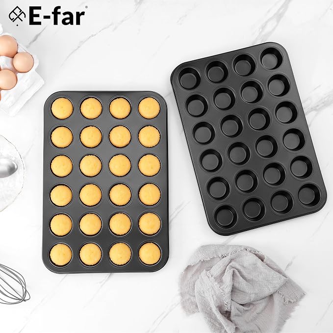 E-far 24-Cup Mini Muffin Pan, 2-Pack Nonstick Carbon Steel Cupcake Pans | Muffin Tins for Baking Mini Muffins & Cupcakes, Warp-Free for Even Baking & Easy Release, Oven Safe