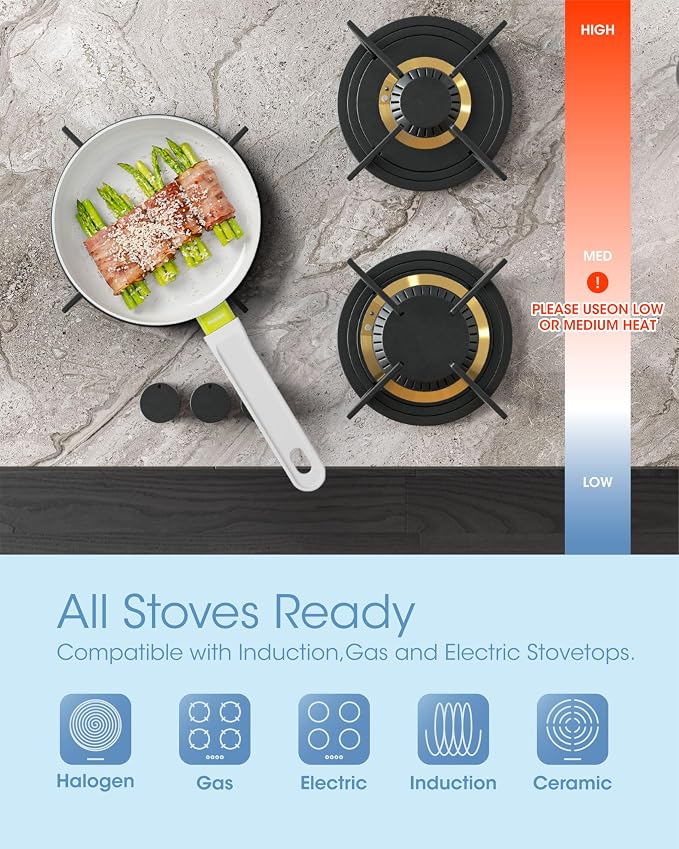 Ceramic Non Stick Cookware Set, 2.5QT Saucepan, 7" Egg Omelette Pan & 18/10 Stainless Steel Steamer, Induction Ready Frying & Sauce Pan Set, PTFE, PFOA & PFAS Free, Mix Blue