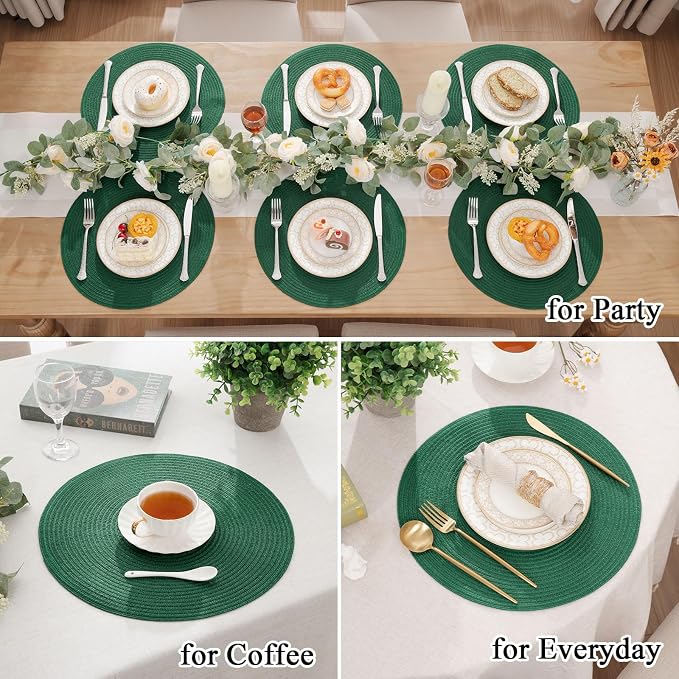 SHACOS Dark Green Round Placemats Set of 6 Cotton Polyester Braided 15 inch Washable Kitchen Dining Table Place Mats Christmas Table Mats for Home Wedding Party Decor