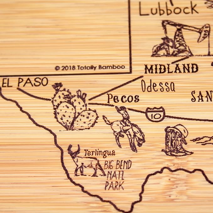 Totally Bamboo A Slice of Life Texas Engraved Map Cutting Board | 11” x 8.75” charcuterie board with engraved state map artwork. Smooth reverse side for food prep. Hang tie for wall display.