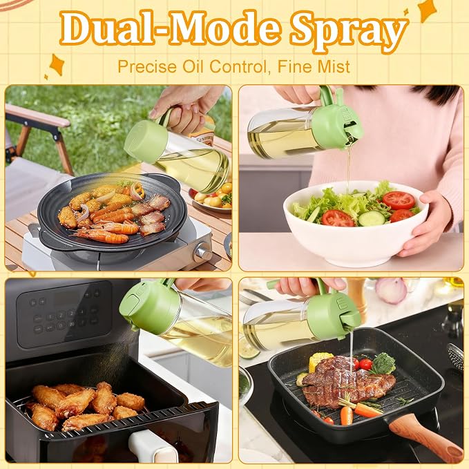 16oz/470ml Glass Olive Oil Sprayer for Air Fryer, 2 in 1 Spray & Pour Dispenser with Fine Mist & Portion Control, BPA-Free Kitchen Gadget for Cooking, Salad, BBQ, Roasting (Green)