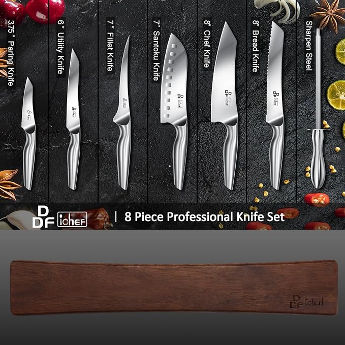 Knife Set with Magnetic Knife Strip 8 Piece, High Carbon Stainless Steel | Japanese Kitchen Knife Set with Ergonomic Hollow Handles, Magnetic Knife Holder for Wall Mount, Dishwasher Safe