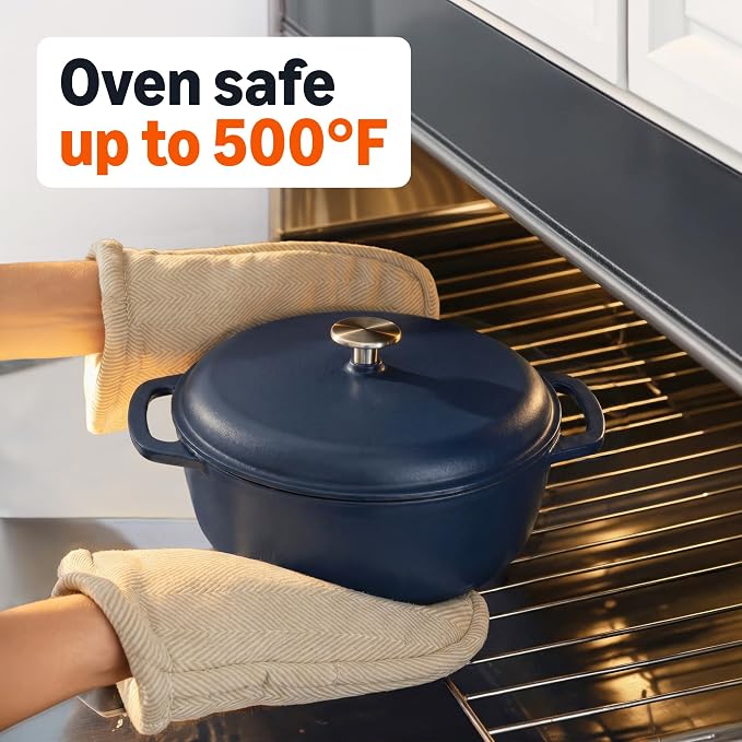 Amazon Basics Enameled Cast Iron Dutch Oven Pot with Lid, Round, Dual Handles, Heavy-Duty, Oven Safe for Stews, Roasting, Baking,6-Quart, Matte Navy