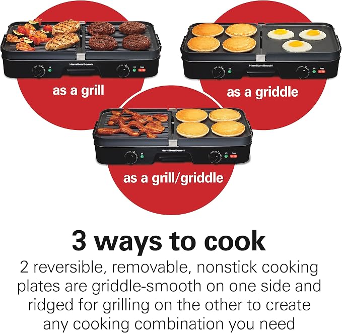 Hamilton Beach 3-in-1 Electric Indoor Grill + Electric Griddle | 180 sq. in. Reversible PFAS-Free Non-Stick Plates | 2 Individual Cooking Zones With Adjustable 425°F Temp Control | Black