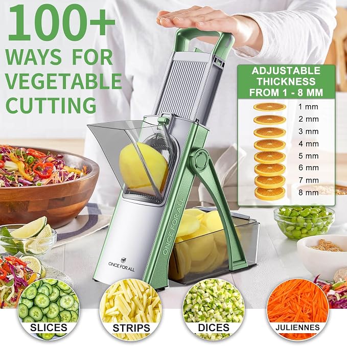 ONCE FOR ALL Safe Mandoline Slicer Plus, Bigger Size, Veggie Slicer, Green | 0.1-8mm Adjustable Vegetable Food Chopper, Kitchen Mandoline Slicer Stainless Steel, Detachable Blade, Dishwasher-safe, Gift
