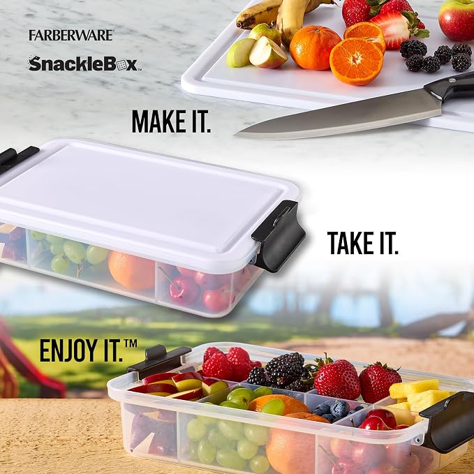 Farberware Small Build-a-Board Snacklebox with Locking Plastic Cutting Board Lid, Portable Charcuterie Storage with 7 Compartments (Pack of 4)