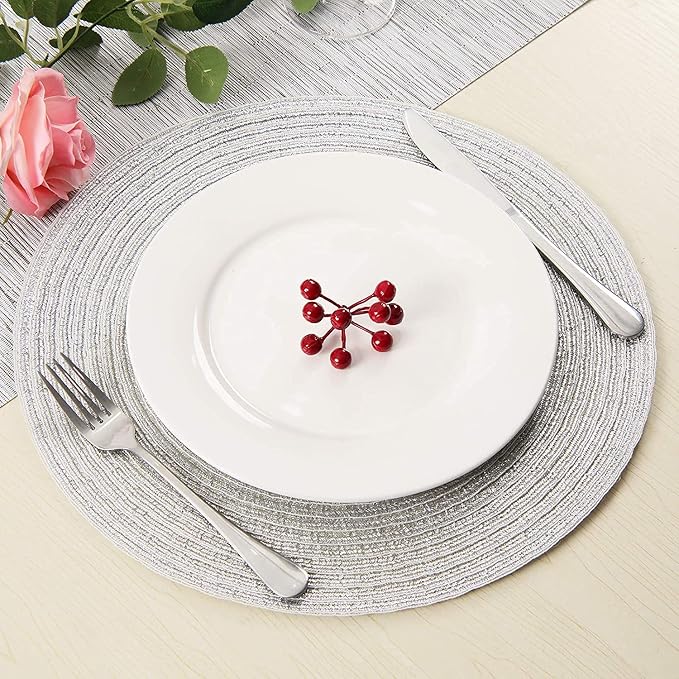 SHACOS Christmas Glitter Silver Placemats Set of 8 Sparkle Bling 15 inch Round Braided Table Mats Washable Place Mats for Dining Table Home Table Decor (Silver, 8)