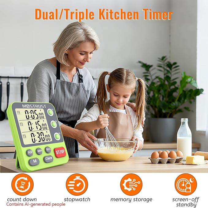Digital Dual Kitchen Timer, Multiple Channels Countdown Timer | 3-Groups Triple Timer with Magnet-Back Memory-Preset Large Display Adjustable Volume, 3A Battery Included, Ideal for Cooking