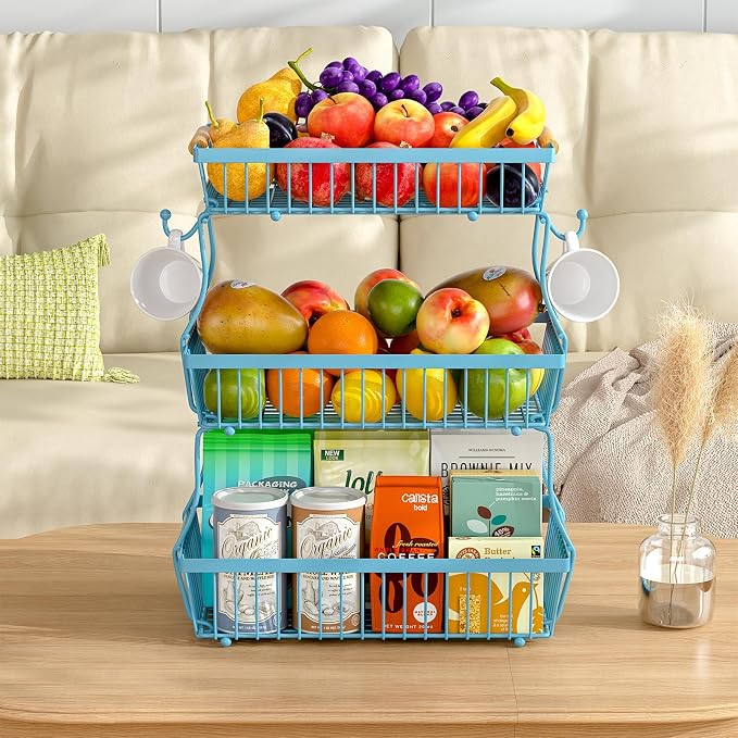 3 Tier Fruit Basket for Kitchen Counter with 2 Banana Hangers, Countertop Metal Fruit Bowl with Wooden Handle, Large Storage Stand for Vegetables, Snacks, Breads, Produce Storage – Blue