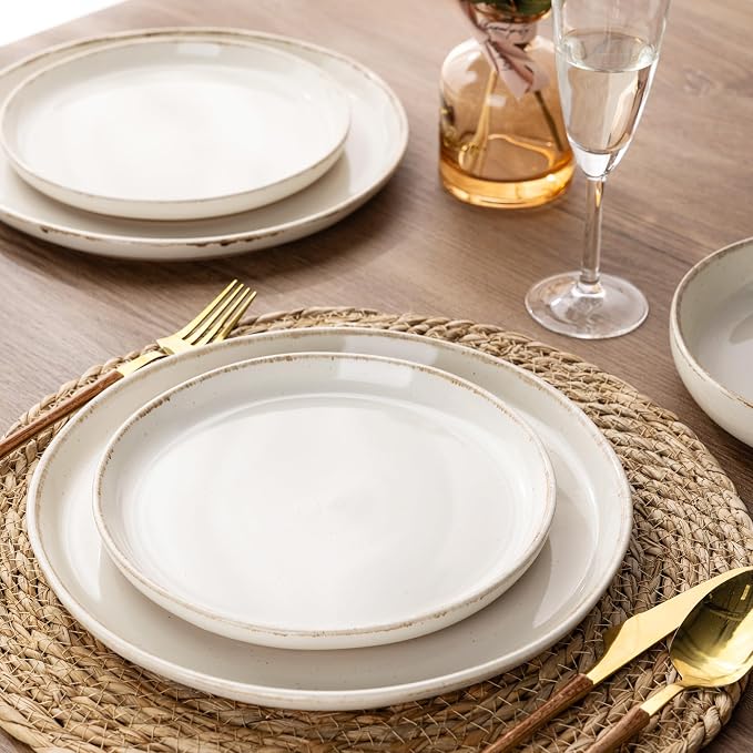 AmorArc Dinnerware Sets for 8, 24 Pieces Ceramic Plates and Bowls Set | Scratch Resistant Stoneware Dishes Set, Dishwasher & Microwave Safe, Light Beige
