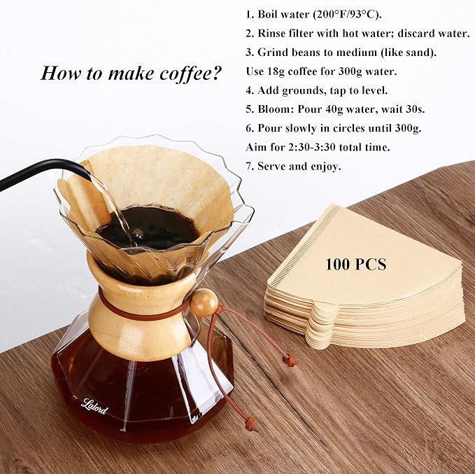 Lalord Pour Over Coffee Maker, 550ml Borosilicate Glass Carafe & Dripper, Wooden Collar, Cowhide Rope, Includes 100 PCS Paper Filters (Clear, 19 oz)