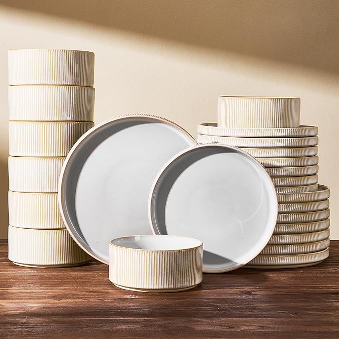 Stoneware Dinnerware Sets, Reactive Glaze Dishes Set for 8 | 24-Piece Ceramic Plates and Bowls Set, Microwave & Dishwasher Safe, Chip & Scratch Resistant, Modern Rustic, Cappuccino White