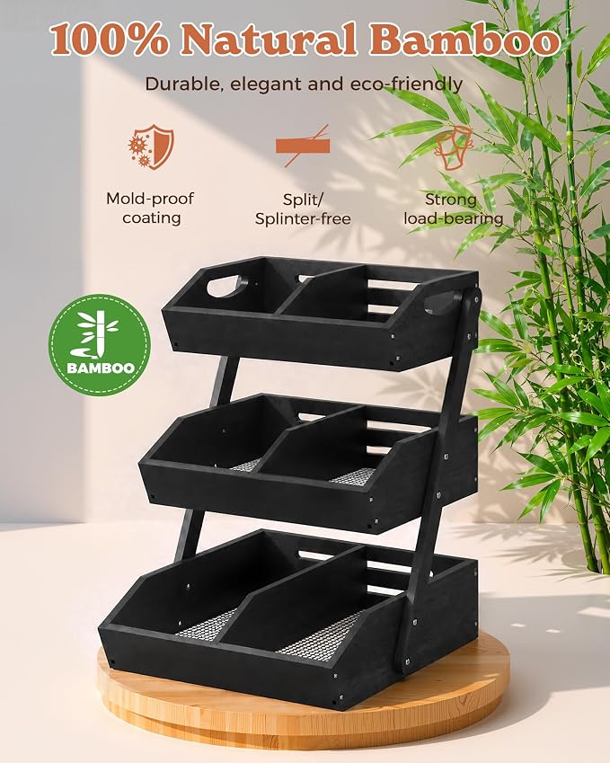 3-Tier Bamboo Fruit Basket with 2 Banana Holders Black | Large tiered organizer for bread, snacks, veggies. Sturdy bamboo, includes mats & dividers. Easy to assemble.