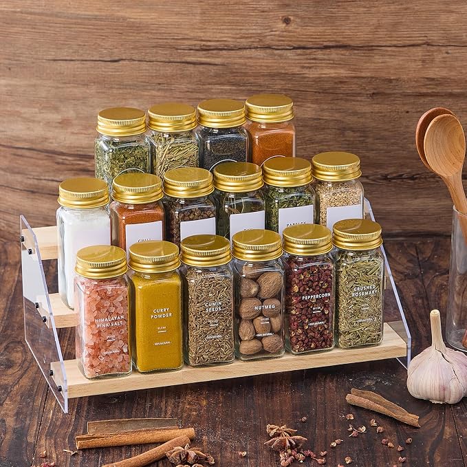 48 Pcs Glass Spice Jars with Labels, Seasoning Containers with Gold Lids | Airtight spice bottles Keep Fresh, 4oz Spice Containers with Shaker Lids,Funnel for Spice Rack,Kitchen Spice Drawer Organizer