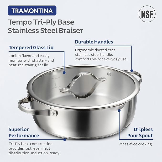 Tramontina Tempo Tri-Ply Base Stainless Steel 6-Qt Braiser Pan with Lid | Induction-Ready, Oven-Safe, Dishwasher-Safe