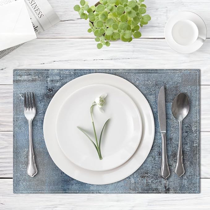 Emvency Farmhouse Placemats Set of 6, 12x18 Inch, Blue Vintage Navy | Farmhouse Modern Art Painting Table Mats for Outdoor Home Party Kitchen Dining Decoration