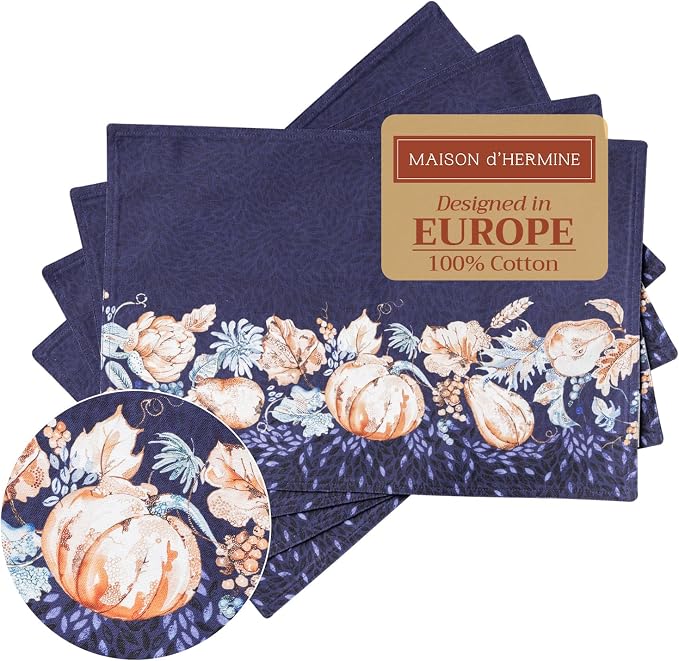 Maison d' Hermine Placemats Set of 4 Reusable 100% Cotton (13"x19") | Cloth Place Mats Washable Table Mats for Kitchen Dining Party Wedding Hotel Home Thanksgiving Christmas - Pumpkin Blues
