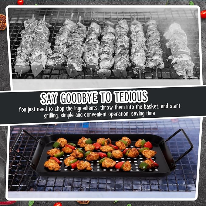 3 Pack Grill Topper Pans for Outdoor Grill, Stainless Steel Vegetables BBQ Grilling Basket with Holes Handles, Nonstick Barbecue Pan Grilling Gifts for Camping Picnic Cooking Seafood Meat