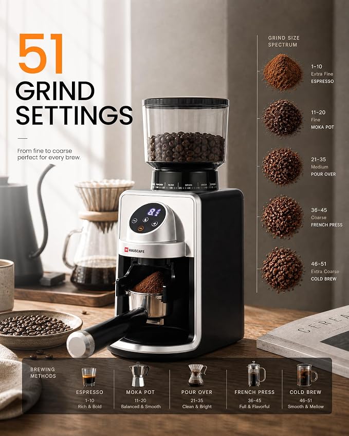 Coffee Grinder, Electric Burr Coffee Grinder with 51 Grind Settings for Espresso, Pour Over & French Press, Conical Burr Coffee Bean Grinder, IMD Digital Touch with Precision Timer, Sliver