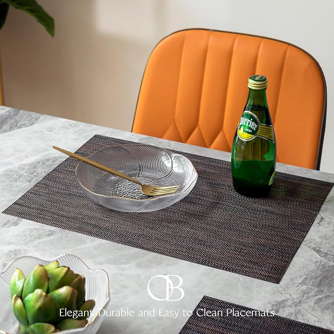 Placemats Set of 12 - Easy Clean Woven Vinyl Placemats for Dining Table, Indoor/Outdoor Place Mats, Washable PVC Table Mats（Black/Brown）