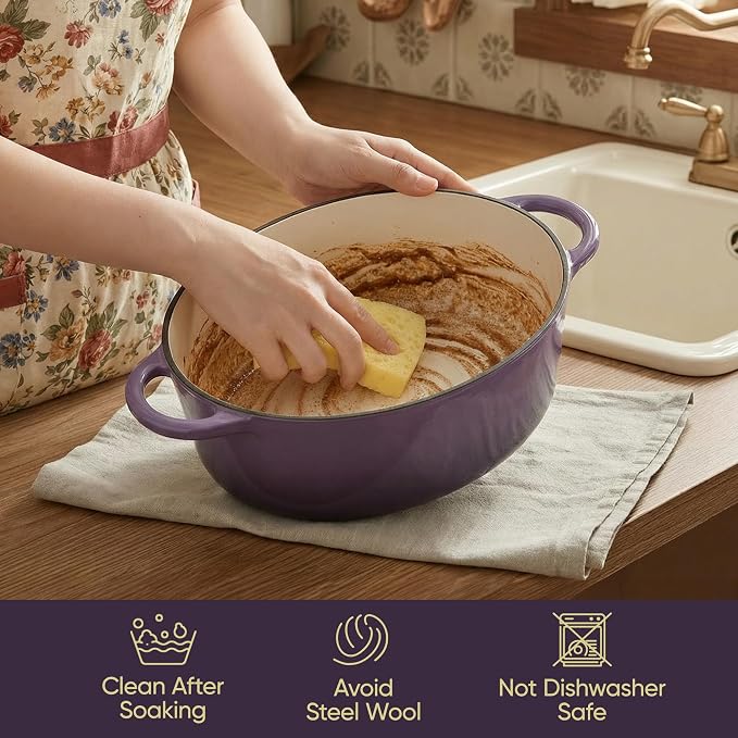 Vintage Style Oval Dutch Oven for Bread Baking, 4.5 Quart Non Stick Enameled Cast Iron Dutch Oven Pot with Lid, Oven Safe Oval Casserole with Lid up to 500°F for Baking, Braising, Stews, Roasting, Purple