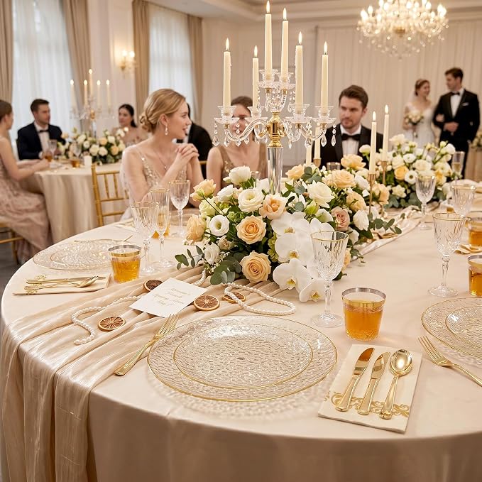DaYammi 350PCS Clear Gold Glitter Plastic Dinnerware Set for 50 Guests, Hammered Disposable Plates for Party, Include: 50 Dinner Plates, 50 Dessert Plates, 150 Gold Silverware, 50 Napkins, 50 Cups